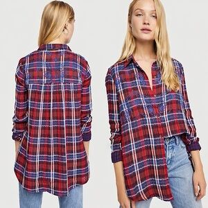 Free People Embroidered Plaid Crinkle Top Boho Flowy Size S NWOT